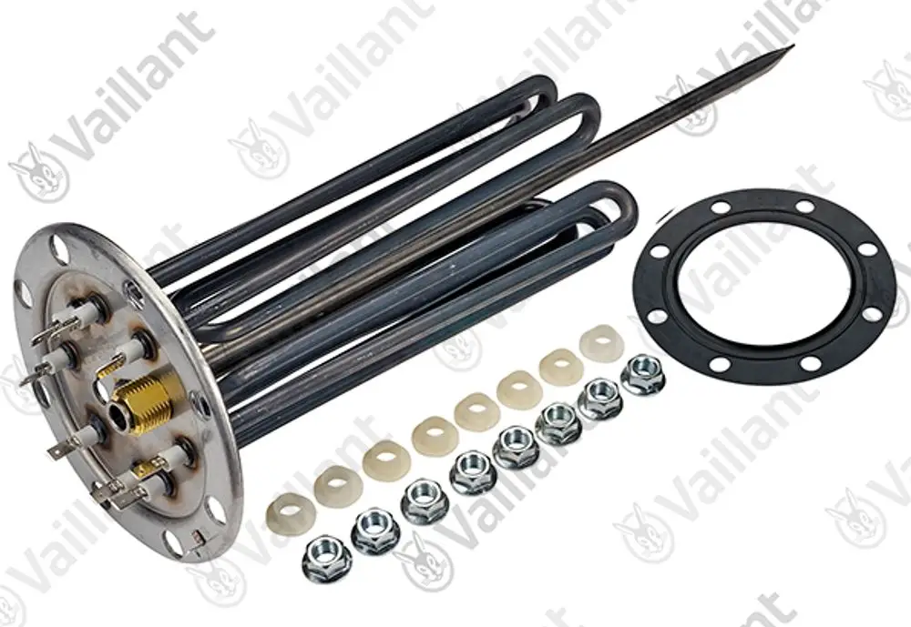 Vaillant Heizstäbe mit mehreren Heizrohren, Flansch, Dichtungen und Zubehörteilen, geeignet für Heizungsanwendungen.